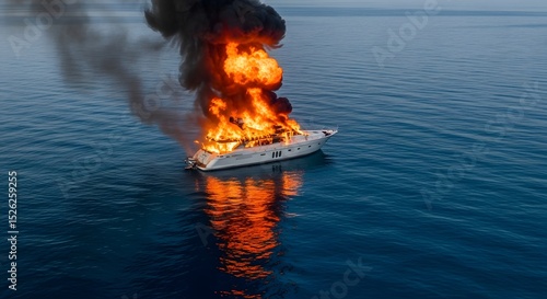 Burning boat at sea during daytime