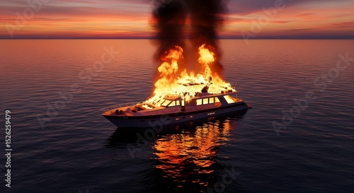 Fiery explosion on luxury boat in ocean sunset