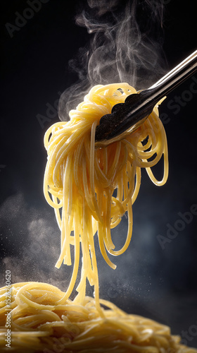 Hot Steaming Spaghetti Pasta Lifted on Fork Against Dark Background