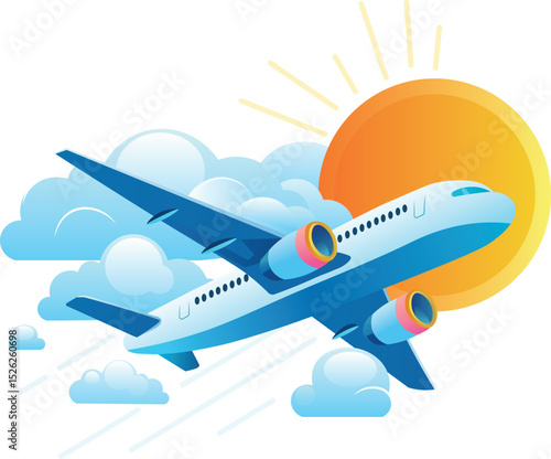 A plane flying through the clouds towards the sun