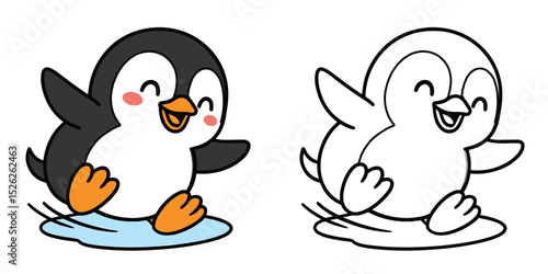 Coloring Book For Kids Cartoon Of A chubby penguin sliding on ice Outline Vector Illustration Design