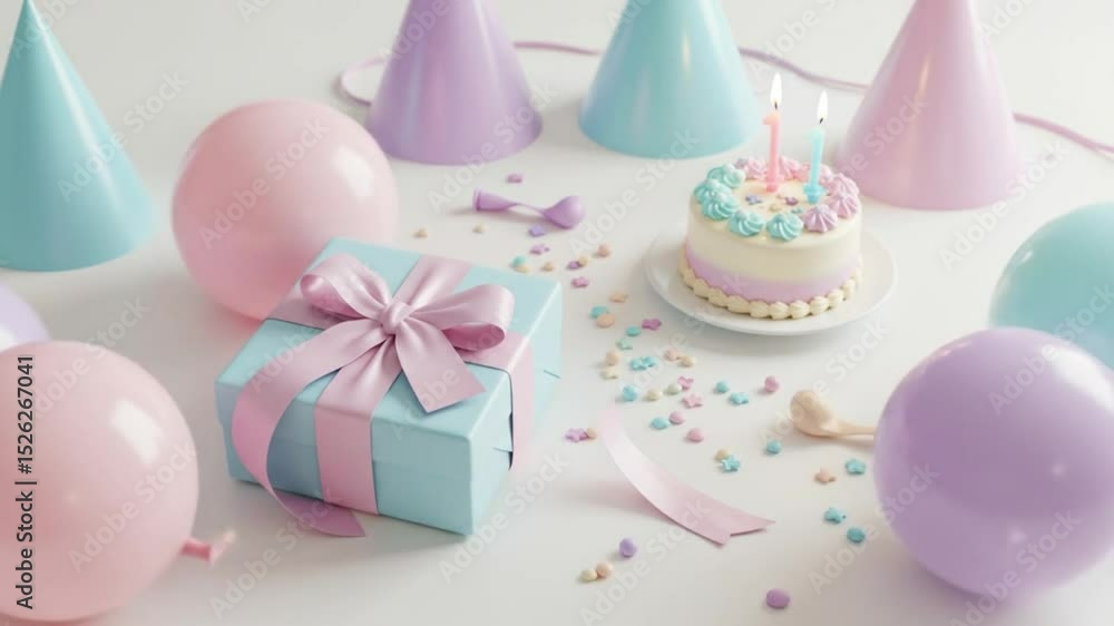 Pastel themed birthday party with cake gift balloons and party hats on a white surface top view Pastel themed birthday party with cake gift balloons and party hats on a white surface top view