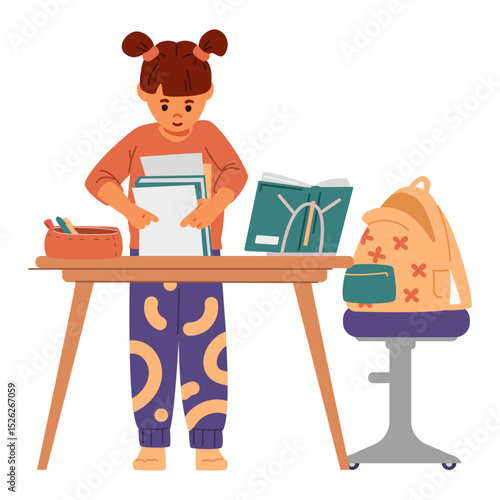 Elementary school girl preparing for school packing up her school bag at home flat vector illustration isolated on white.