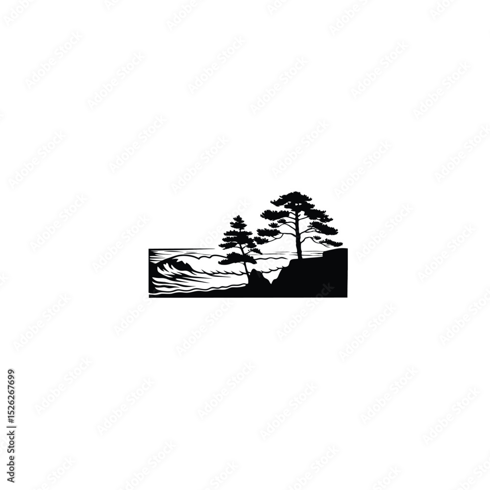 Fototapeta premium A cliffside view of waves crashing below silhouette on white background