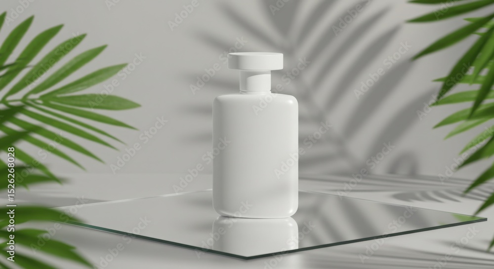 Perfume bottle mockup on mirrored surface with shadows of leaves, luxury feel Perfume bottle mockup on mirrored surface with shadows of leaves, luxury feel