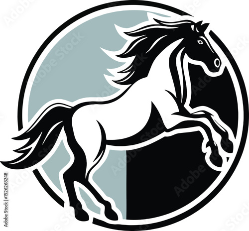 Majestic Horse Emblem: A dynamic and elegant emblem, this illustration captures a powerful horse in a prancing pose within a circular frame, symbolizing strength and freedom.