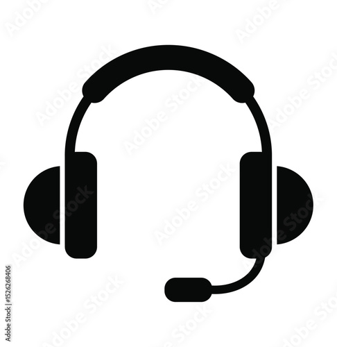 Black silhouette headset with microphone icon. Symbol for customer service, online support, communication, tech help, call center, and virtual assistance. Clean, simple vector graphic.
