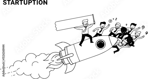 Businessman flying on the rocket catching up new members for his online service. Online startup company infographics. Modern illustration in linear style