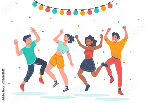 Minimalist Vector Illustration of Four Teenagers Dancing Joyfully under Colorful Party Lights – Festive Celebration Scene with Confetti – Youthful School Success or Summer Party