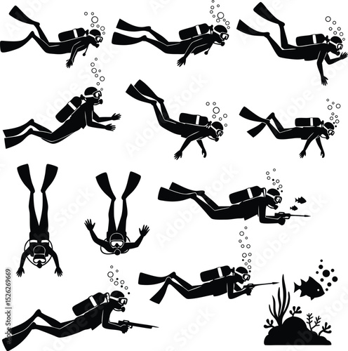Silhouetted scuba divers swimming underwater in various poses with oxygen tanks and equipment