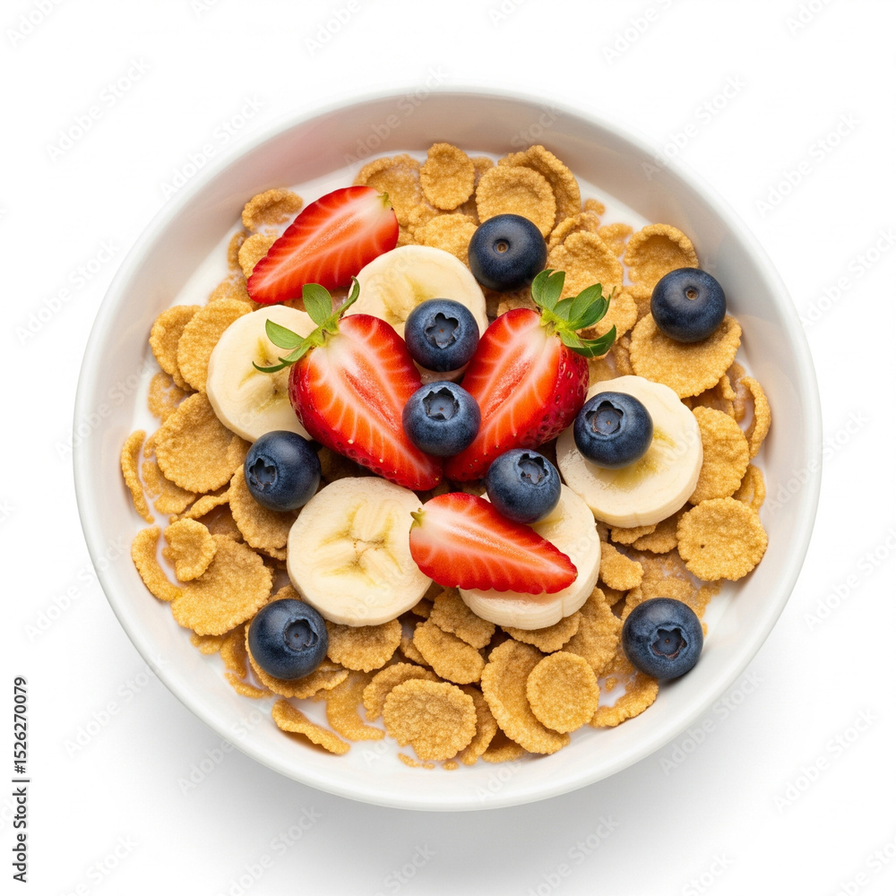 Fototapeta premium Bowl of Corn Flakes with Milk, Strawberries, Blueberries, and Bananas