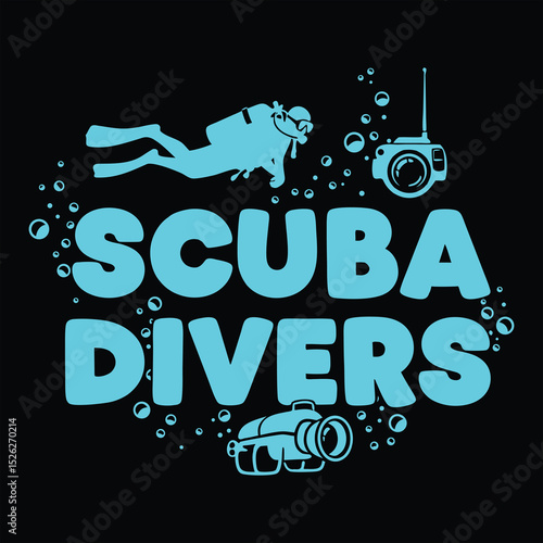 Vector illustration of scuba divers with bubble and underwater photography elements