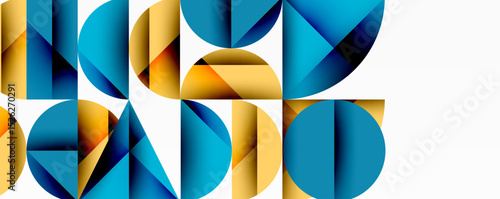 Abstract geometric shapes, vibrant colors, blue, gold. Modern design, clean lines, overlapping forms create dynamic composition.