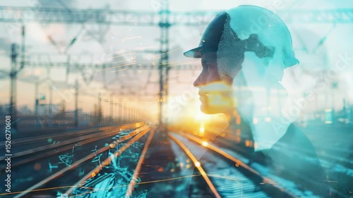 Futuristic engineer with digital overlay on railway at sunset