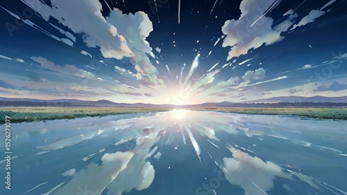 ゲーム背景　奥へ進むような躍動感のある朝日の風景