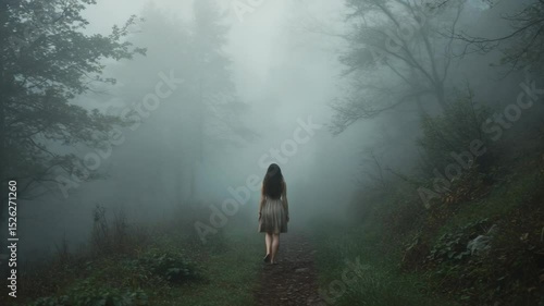 Barefoot woman in light dress walks alone on foggy path through dark woods.