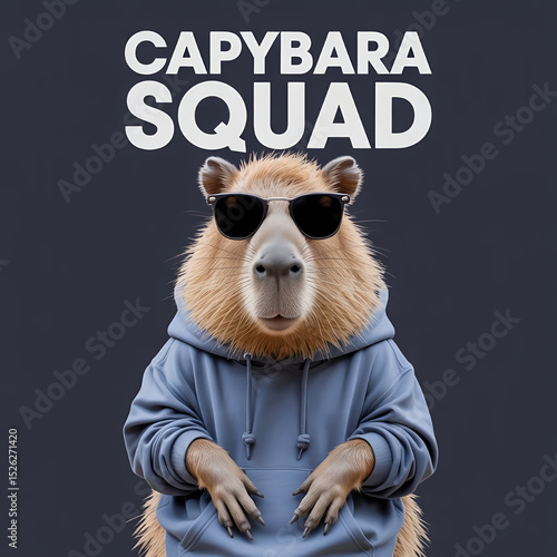 A cute capybara wearing a hoodie and sunglasses, standing confidently, dark navy blue background, transparent background, t-shirt vector style”