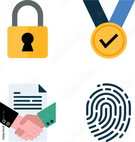 Verified agreement icons displaying handshake deal, safety approval, fingerprint secure ID and badge protection.