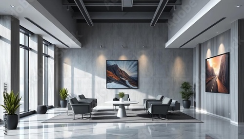 Modern gray office lobby & meeting room, minimalist poster, business, simple