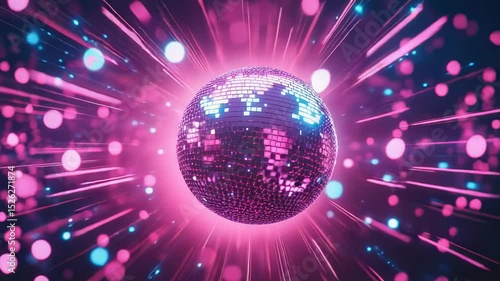 Shiny disco ball surrounded by pink and blue lights, creating a vibrant and energetic atmosphere, perfect for a party or dance event