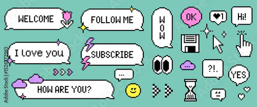 Set of retro speech bubble messages and sticker in pixel art style. 8bit emoji. Y2k dialogue balloon with text Welcome, Follow me, Subscribe for social media. Game abstract elements on blue background