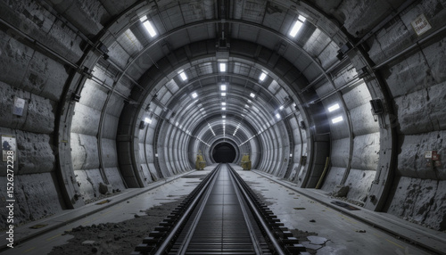 dimly lit, empty underground tunnel with single railway track running through its center, surrounded by concrete walls and illuminated by overhead lights, creating mysterious atmosphere