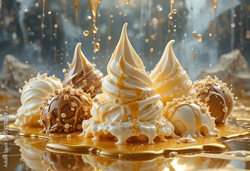 Delicious desserts, chocolate, vanilla and caramel ice cream.