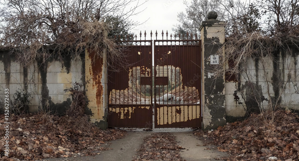 Gate is rusted and has a sign on it Gate is rusted and has a sign on it