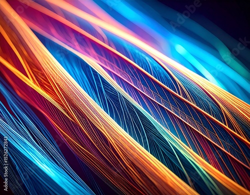 Human muscle tissue fibers under polarized light microscope, showing detailed striated structure and scientific texture.