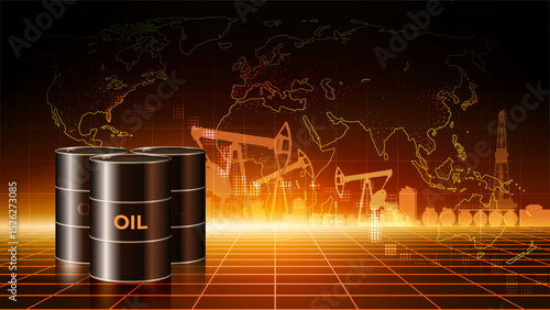 Oil barrels on abstract world map red background. Crude oil production and refining industry. Pumpjack. Drilling rig, derrick in dark abstract desert background. Copy paste, place for text. Vector