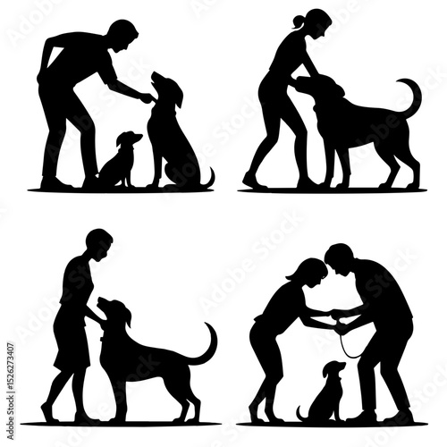 Silhouettes of people interacting with dogs in various poses and training scenarios shown here