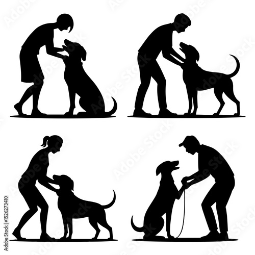 Silhouettes of people interacting with dogs in various poses and scenarios on a white background