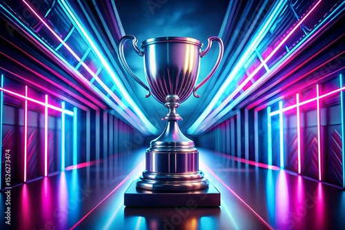 Chrome Trophy on Platform with Vibrant Neon Tunnel, Symbolizing Victory and Futuristic Achievement