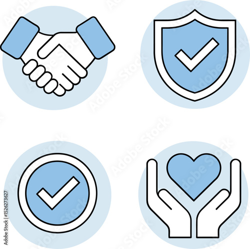 Trust and care icons showing handshake strength, security approval, trust badge and user care protection visuals.