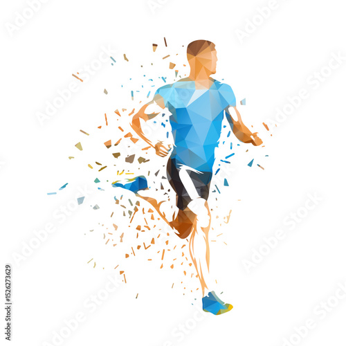 Running man, run, isolated vector low poly illustration with dispersion effect. Male runner, track and field athlete