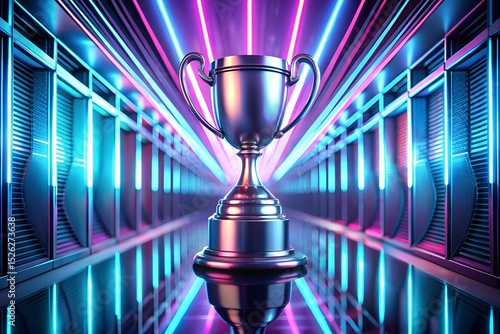 Shining Silver Trophy with Handles Displayed on Reflective Surface Amidst a Neon Lightscape Background