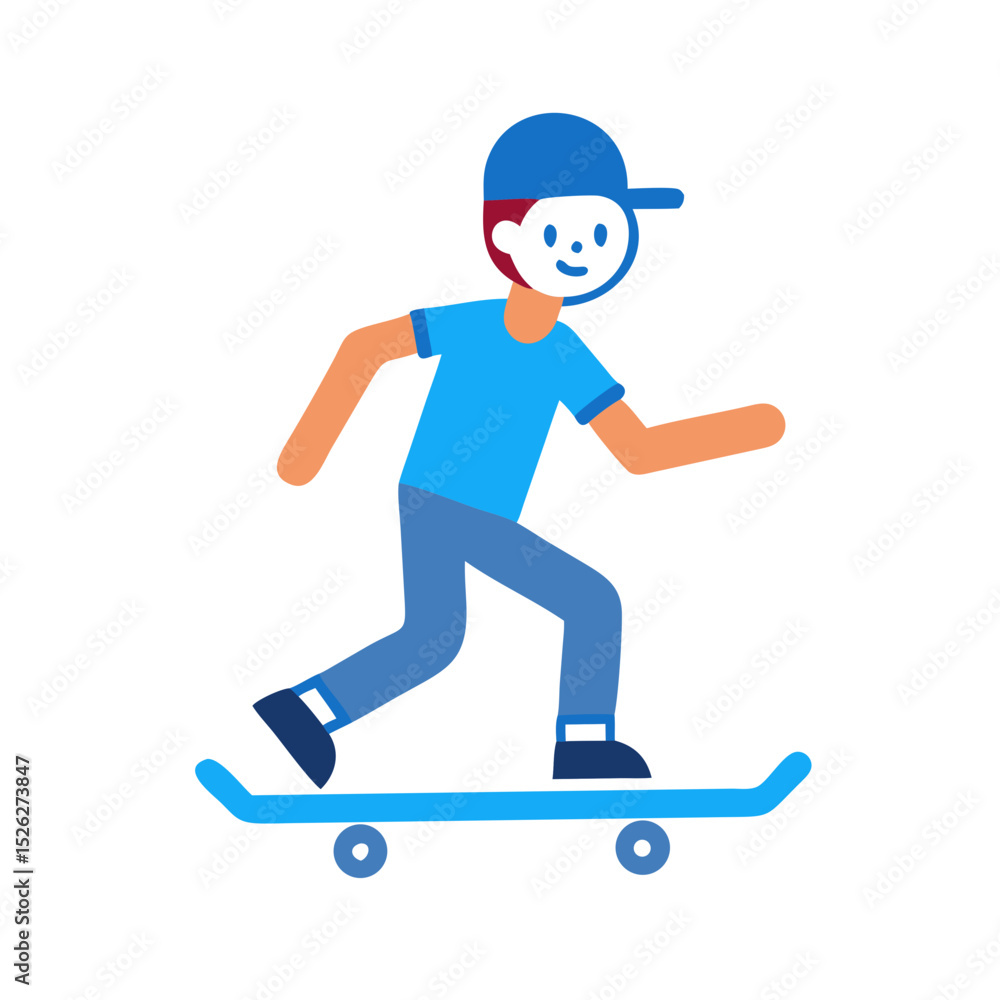 Boy smiling while skateboarding on blue skateboard with simple background
Boy smiling while skateboarding on blue skateboard with simple background