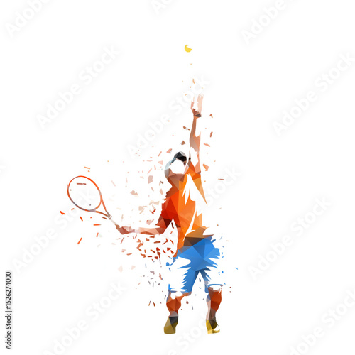 Tennis, low polygonal sports illustration. Male tennis player, isolated vector drawing with dispersion effect