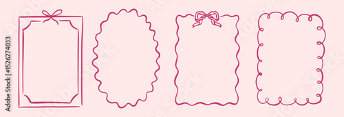 Wavy edge shapes frame box vector illustration isolated on white. Squiggle curve doodle rectangle and oval sketch.	