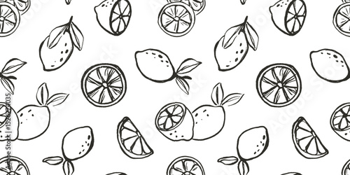 Lemon hand drawn crayon sketch seamless pattern vector illustration.