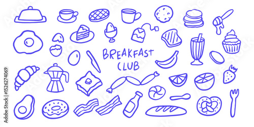 Breakfast hand drawn doodle sketch. Morning menu egg, toast, tea, coffee, avocado, banana, milk, bread graphic vector illustration collection set.