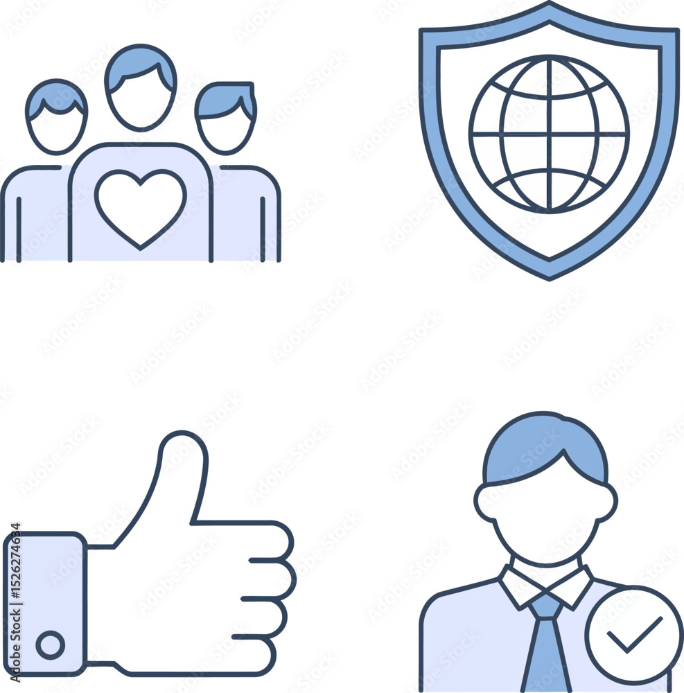 Fototapeta premium Social credibility and trust network icons displaying user feedback, global sharing, trust badge and identity profile.