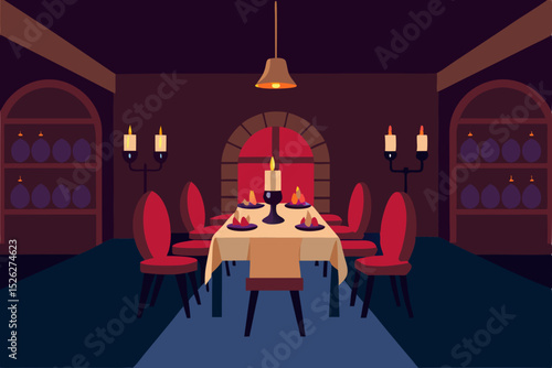 Medieval Wine Cellar Dining A Romantic Candlelit Dinner Setting Illustration