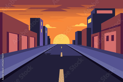 Sunset Cityscape A Serene Evening Drive on an Empty Road