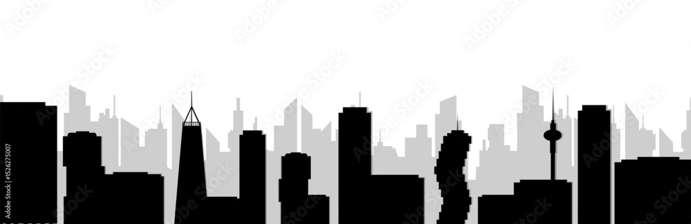Fototapeta premium City panorama showing urban building silhouettes in a minimalistic black and white style.