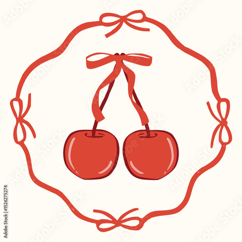 Coquette cherry, strawberry, heart with bow. A charming collection of doodle line art featuring romantic berries and sweet symbols, perfect for Valentine's Day designs, greeting cards and invitations