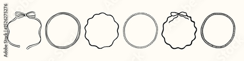 Set whimsical round frames with wavy lines, bows, curly ribbons. Hand-drawn trendy vintage style, perfect for wedding invitations, birthday cards, and holiday.