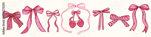 Coquette cherry, strawberry, heart with bow. A charming collection of doodle line art featuring romantic berries and sweet symbols, perfect for Valentine's Day designs, greeting cards and invitations