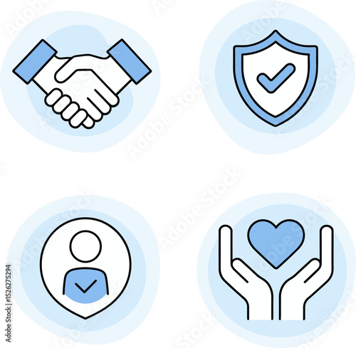 Personal trust and care visuals showing handshake icon, safe approval, identity circle and open arms protection.