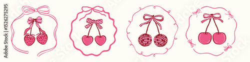 Coquette cherry, strawberry, heart with bow. A charming collection of doodle line art featuring romantic berries and sweet symbols, perfect for Valentine's Day designs, greeting cards and invitations